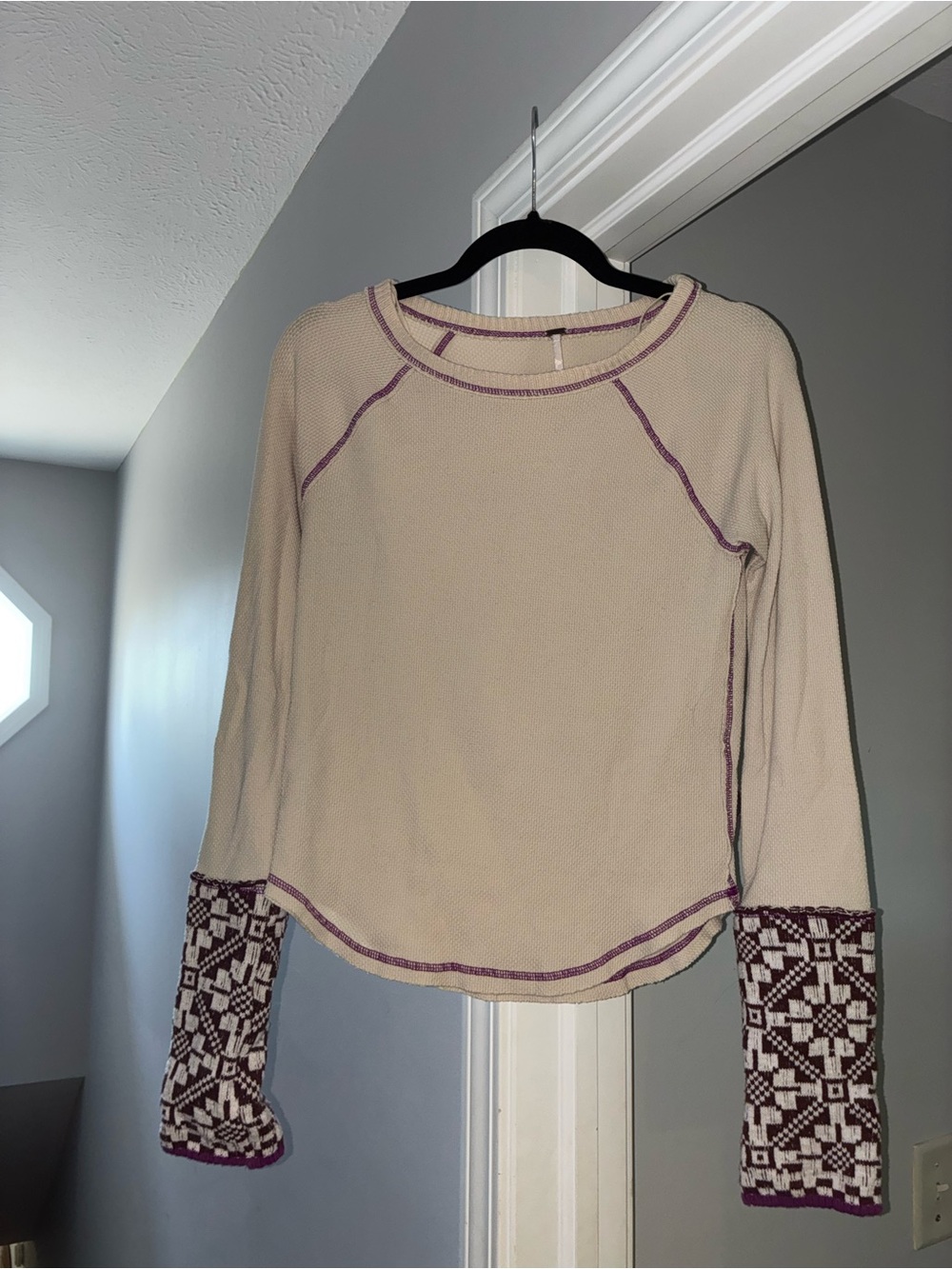 Free People Beige Thermal Top with Purple-Accent Patterned Cuffs